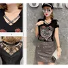 Mode d'été vêtements coréens T-shirt Sexy évider diamants lettre Rose haut pour femme Ropa Mujer Patchwork maille t-shirts 2020 T06633 X0628