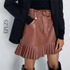 elegant pu leather skirt women Sexy mini Streetwear high waist chic belt pleated korean black falda mujer 210521