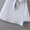 beauty Fashion Women Summer Clothes Woman Casual Square Collar Plaid Stitching Fungus Irregular Belt Dresses 210514