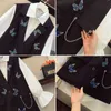 Herfst Mode Vrouwen Set Dames Zwart Borduurwerk Butterfly Chain Splicing Pocket Blazer Vest + Witte Katoenen Shirt Blouse Outfits 210416