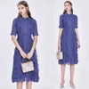 Summer Elegant Chiffon Women Half Sleeve Single-Breasted Layers Ruffles Long Shirt Female Party Dress With Belt 210416