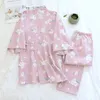 Japanska damer kimono pyjamas vår tunn bomull gaze sleepwear v-neck blommig utskrift lounge slitage löst 2 styck set 210809