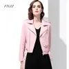 Kvinnor Autunm Vinter Rosa Faux Läder Jackor Soft PU Punk Coat Lady Bomber Motorcykel Kall Ytterkläder med Bälte 210430