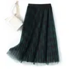 Surmiitro Long Tulleスカートの女性春夏の韓国風赤緑色のブラックチェック柄プリーツハイウエストミディスカート女性210712
