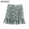 KPYTOMOA Women Chic Fashion With Ruffled Pleated Printed Mini Skirts Vintage High Waist Back Zipper Female Mujer 210629