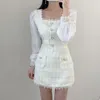 Korea Spring Fashion Temperament Sweet Chiffon Patchwork Tweed Elegant Square Collar Top + Hoge Taille Mini Rok Suit 210519