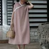 Johnature Kobiety V-Neck Krótki Rękaw Vintage Sukienka Lato Luźne Kobiety Cloths Casual Cotton Dress 210521