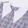 Yitimuceng Plaid Bouton Robes Femmes A-Line Mini Summer Puff Manches Crantées À Manches Courtes Double Boutonnage Office Lady 210601