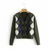 Kvinnor V Neck Collar Button Up Closure Argyle Print Knit Sweater Preppy Style Cardigan 210512