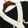 Czarny Biały Dzianiny Mini Dress V-Neck Z Długim Rękawem Sweter Pojedynczy Kieszonkowy D2061 210514