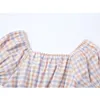 Colheita xadrez blusas ou tops para senhoras moda de manga curta quadrado colarinho elástico camisas feminina doce rok elegant ins blusas tops 210417