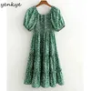 Prairie Chic Robe d'été Femmes Vert Floral Imprimer Femelle Lanterne Manches O Cou Genou Longueur Big Swing Robe 210514