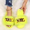 Fancy Soft Fur Slippers for Girls Women Slippers Winter Outdoor Open Toe Flat Shoes Metal Chain Home Slides Fashion Big Size 43 H1115