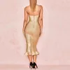 Summer Women's Bandage Bodycon Dress Rayon Sexig Golden Strapless Fishtail Celebrity Party Vestidos 210525