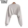 Damenmode mit Kordelzug, übergroße, abgeschnittene Sweatshirts, Vintage-Laternenärmel, weibliche Pullover, schicke Tops 210507