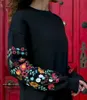 女性の秋の長袖の緩いセーターOネック暖かい印刷黒ストレートスウェットシャツ2021パーティードレス冬Y1006