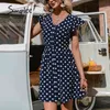 Mode Polka Dot Femmes Été Bouton V-Col V-Col Volant Sans manches Casual Chemise Robes A-Line Vintage Spring Robe 210414