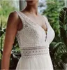 Vestido de novia ボヘミアンウェディングドレス 2021 V ネックビーチレースブライダルウェディングドレスエレガントボヘミアンチュール A ラインブライダルドレス