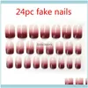 Art Salon Health & Beauty24Pcs False Nail Full Er Fake Crystal Elegant Gradient French Short Nails Square Double-Sided Glue Shape Fake1 Drop