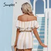 Mode Stripe Stripe Lâche Femmes Casual Summer Summer Off Bow Cheveux Barbonatage High Taille Beach Imprimer Romper 210414