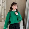 Lace Petal Edge Diamond Sweater Women Fake Two-piece Hemp Loose Casual Knitted Sweaters Female Winter Turtle-neck Girl 210427