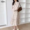 Wiosna Długi rękaw Sukienka Dla Kobiet Vintage Elastyczna Talia Kwiatowy Bow Midi Koreański Print Maxi Es Vestidos 8840 50 210508