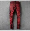 Neue Mode Herren Jeans Weinrot Gespleißt Slim Löcher Zerrissene Jeans für Männer Große Tasche Cargo Hosen High Street Hosen Biker