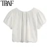 Frauen Mode Elastische Borten Gestellte Blusen Vintage V-ausschnitt Kurzarm Weibliche Shirts Blusas Chic Tops 210507