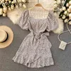 Neploe Square Collar Puff Short Sleeve Dress Women High Waist Hip A Line Knee Length Vestidos Ruffes Patch Slim Robe Summer 210423