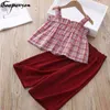 夏のファッションの女の子のフリルの服装チェック柄トップワイドレッグパンツ韓国の幼児子供服セットかわいい小さな女の子服セット210715