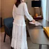 Autumn White Lace Dress Female Long V-neck Single-Breasted Elegant Black Patchwork Maxi Woman Vintage Vestido 210603