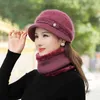 Winter Mother's Beanies Hat Elegant Women Thick Warm Skullies Gorras Stripes Cap Set Flower Decorate Knitted Wool 211229