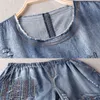 Niebieski Denim Garnitur Plus Size Kobiety Kowboj 2 Sztuka Zestaw 2020 Letni Stroje Kwiatowe Hafty Top I Spodnie Garnitury Luźne Przypadkowe ubrania X0428