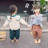 Coreano niño niñas algodón lino 2 unids ropa conjunto volantes niños manga larga traje casual para niños 210529