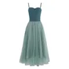 PERHAPS U Green Strap sans manches Slash Neck Bow Patchwork Mesh Midi Mid Mollet Dress Fit And Flare Ball Gown Summer Beach D0371 210529