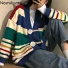 Nomikuma Arrival Contrast Color Striped Cardigan V Neck Z Długim Rękawem Pojedynczy Kierownik Sweter Kobiety Sueter Mujer 3B917 210514