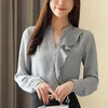 Sonbahar Moda Kadınlar Şifon Bluzlar Rahat Katı Ruffles Giyim Uzun Kollu V Yaka Tops Ofis Lady 5493 50 210521