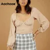 Боковая шкафа Drawstring Chic T Женщины Фонарь Рукава Стильные обрезанные Топы V Шея Сексуальная Вязаная Короткая рубашка Женский 210413