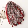 Fashion Rattan och Leaf Print Cotton Tassel Scarf Kvinnor Vår Sommar Tunn Ljusstrand Cover Up Hijabs Headwear Scarves