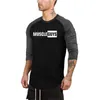 Muscleguys Mens Seven Quarter manches t-shirt coton Slim fit t-shirt gymnases Fitness Bodybuilding vêtements d'entraînement Marque tee tops 210421