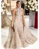 Yousef aljasmi 2022 hoge nek prom jurken met afneembare trein bescheiden luxe glanzende kant applique plus size avond pageant slijtage jurken