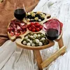 Mesa de vinho ao ar livre de madeira Folding piquenique-tabela com suporte de vidro 2 em 1 vinhos Cremalheira de vidro ao ar livre Piquenique portátil dobradura