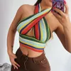 Canotta in maglia con cavezza incrociata a righe arcobaleno canotta da donna 2021 Summer Sexy senza spalline senza maniche