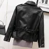 Весна осень женские мото-байкер пальто с поясом Свободные поворотные воротник молнию черной искусственной кожаной куртки 210430