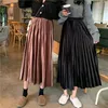 Moda Zima Wysoka Talia Midi Plisowane Spódnice Kobiet Velvet Office Lady Solid Color Long Vintage Jesień Dzikie ubrania 210421