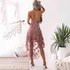 Sangle sans manches V cou dos nu rose broderie mini robe asymétrique fleur florale sexy D0600 210514