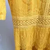Luksusowa Żółta Koronka Maxi Dress Dla Kobiet Party A-Line Hollow Out Elegancki Wakacje Krótki Rękaw Summer Robe De Mujer Dresses 210421