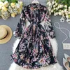 Vacation Dress Arrival Spring Long Sleeve Flower Print Pleated Elegant Women For Holiday 210423