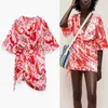 Za Summer Imprimer Femmes Robes À Manches Courtes Côté Plis Irrégulière Robe Rouge Femme Mode Wrap Ruching Vintage Robe De Plage 210602