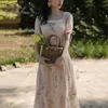 Summer Women Floral Maxi Short Sleeve Broderi Vintage Flower Print Long Vocation Dress 210415